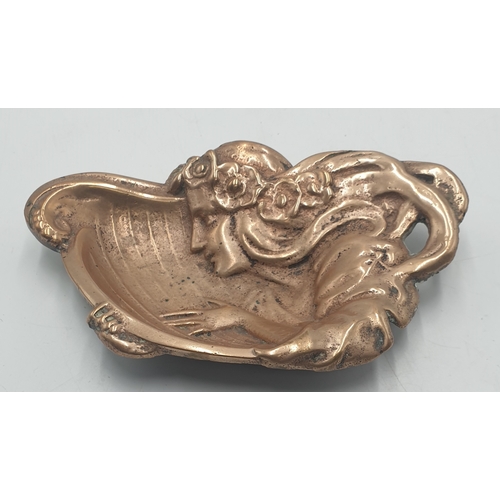 270 - BRONZE 14cm TRINKET DISH DEPICTING AN ART NOUVEAU LADY PLAYING A HARP