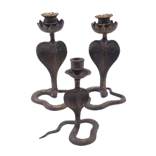 273 - BRASS CANDLESTICKS (3) FASHIONED AS COBRA'S (Tallest Being 18.5 cm)