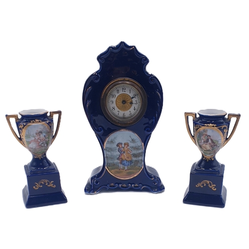 275 - LIMOGES STYLE PORCELAIN THREE PIECE GARNITURE CLOCK SET