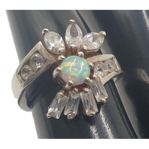 286 - STERLING SILVER (925) OPAL & BAGUETTE CUT CUBIC ZIRCONIA STONE SET RING (Size M, Total Weight 6.45 G... 