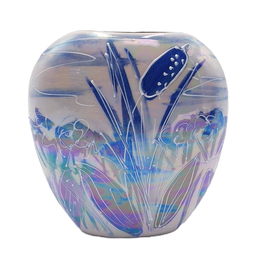 300 - ANITA HARRIS ART POTTERY 12cm BLUE/WHITE LUSTRE WARE PURSE VASE IN THE DRAGONFLY DESIGN (Signed In G... 