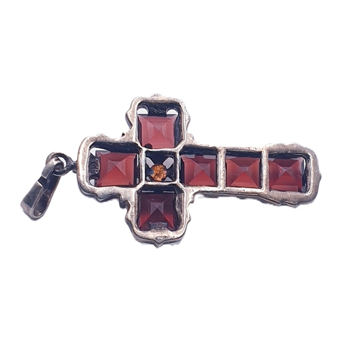 523 - SILVER (Unmarked) VICTORIAN GARNET / PEARL CROSS PENDANT