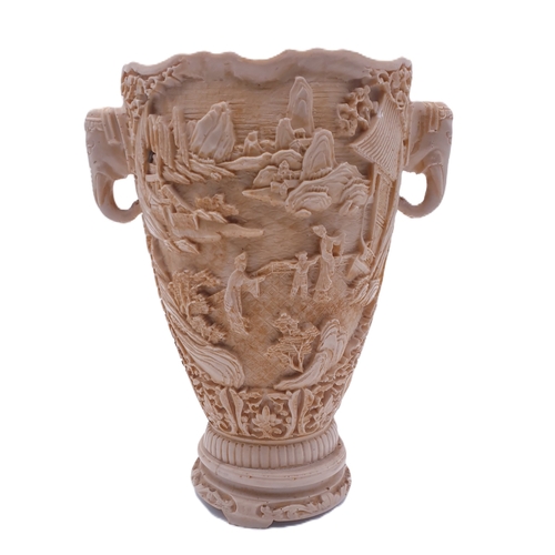 584 - CERAMIC/RESIN ORIENTAL Extra Large 30cm TWIN ELEPHANT HEAD HANDLES AND EMBOSSED ORIENTAL DESIGN VASE