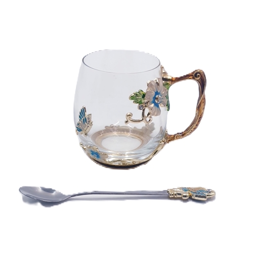 636 - GLASS / ENAMEL BUTTERFLY CUP & SPOON