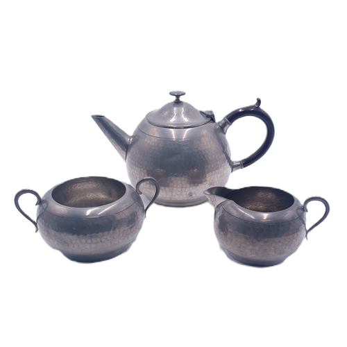 664 - PEWTER (Hand Beaten ) TEAPOT, CREAM & SUGAR