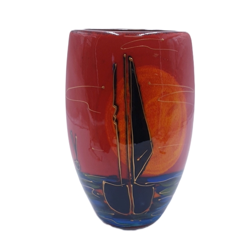 691 - ANITA HARRIS ART POTTERY Large 19cm TRIANGULAR VASE IN THE EVENTIDE DESIGN (Signed In Gold By Anita ... 