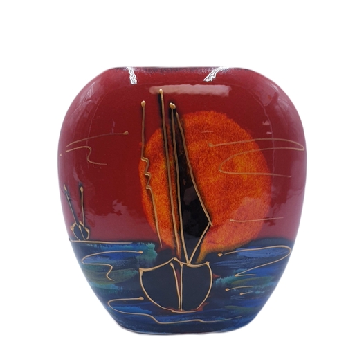 693 - ANITA HARRIS ART POTTERY 12cm PURSE VASE IN THE EVENTIDE DESIGN (Signed In Gold By Anita Harris)