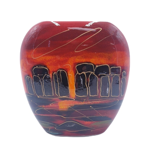 695 - ANITA HARRIS ART POTTERY 12cm PURSE VASE IN THE STONEHENGE DESIGN Signed In Gold By Anita Harris