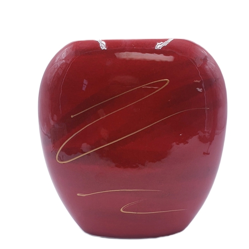 695 - ANITA HARRIS ART POTTERY 12cm PURSE VASE IN THE STONEHENGE DESIGN Signed In Gold By Anita Harris