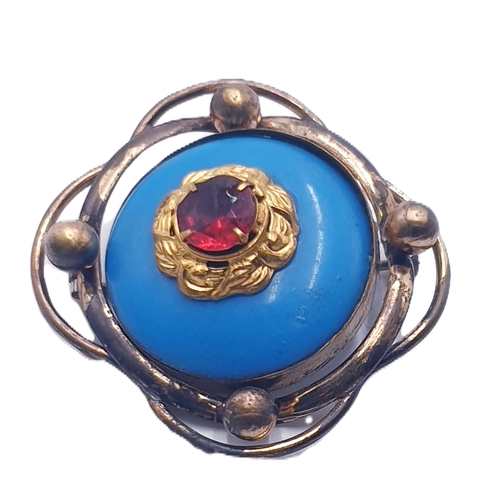 704 - VICTORIAN PINCHBECK TURQUOISE /RED STONE SET SWIVEL BROOCH