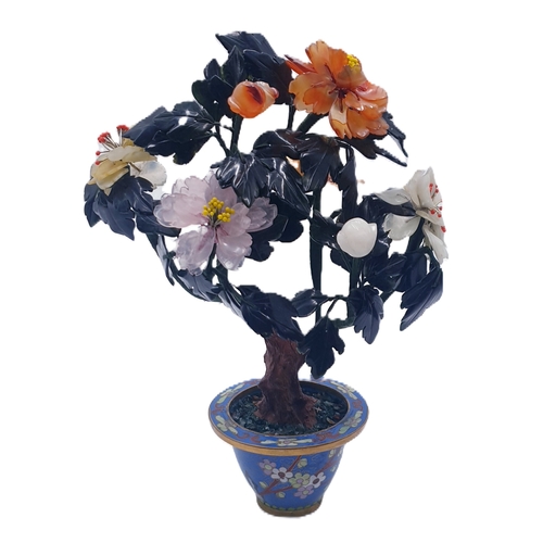 722 - CARNELIAN & OPAL BONSAI TREE (IN A CLOISONNE POT (Mid 20th Century)