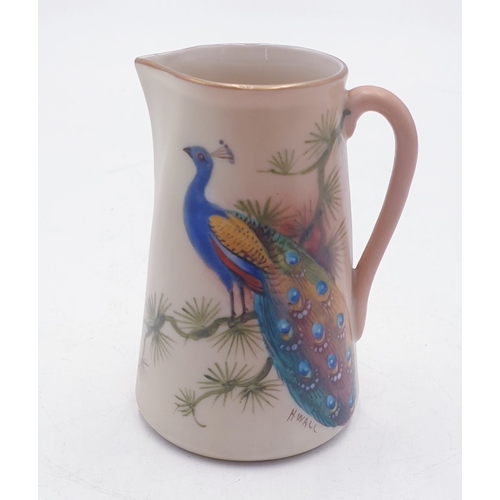 61 - LOCKE & Co / WORCESTER (Shrub Hill Works) Miniature 7.5cm (Hand Painted) JUG DEPICTING A PEACOCK Sig... 