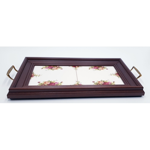 153 - MAWS & Co TWIN TILED FRAMED 38cm x 22cm TWIN HANDLED TRAY OLD COUNTRY ROSES (Original Box)