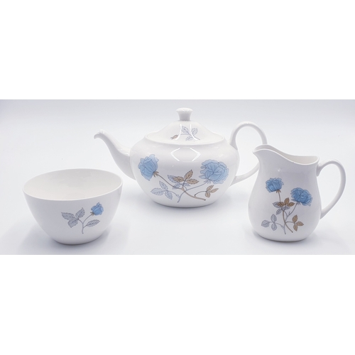 167 - WEDGWOOD CHINA TEAPOT,CREAM And SUGAR IN THE ICE ROSE DESIGN