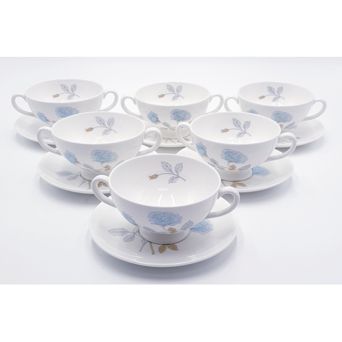 171 - WEDGWOOD CHINA TWIN HANDLED SOUPS And SAUCERS (6) IN THE ICE ROSE DESIGN