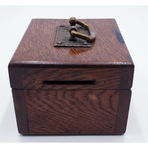 188 - WOODEN / BRASS 14cm x 9cm MONEY BOX (Old) (No Key)