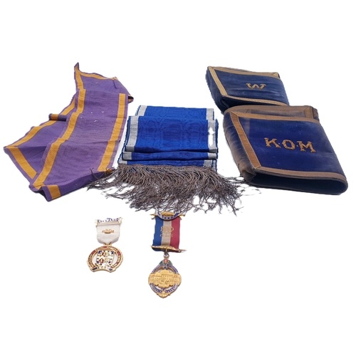 200 - MASONIC/SOCIETY MEMORABILIA COMPRISING OF TWO ENAMELLED MEDALS,TWO PAIRS OF EMBROIDERED CUFFS Plus T... 