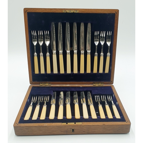 202 - EDWARDIAN 24 Piece FRUIT KNIFE & FORK CANTEEN By Makers Mappin & Webb IN IT'S OWN FITTED OAK BOX