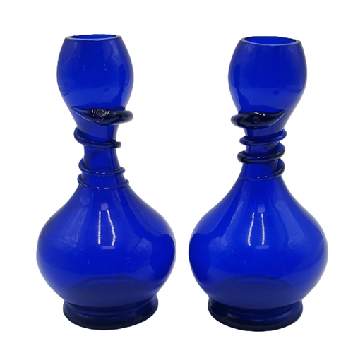 205 - VICTORIAN COBALT BLUE GLASS 21cm VASES (2) With SNAKES AROUND THE NECKS