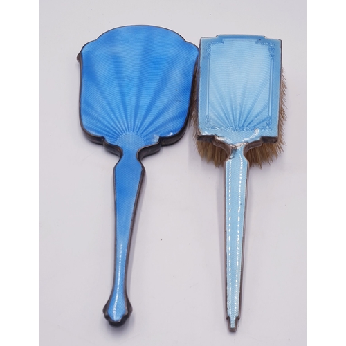 214 - SILVER / BLUE ENAMEL HAIR BRUSH And MIRROR (Hallmarked For Birmingham 1934) (Mirror Cracked)