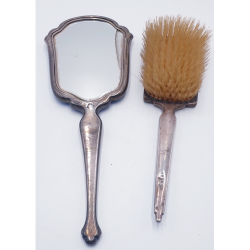 214 - SILVER / BLUE ENAMEL HAIR BRUSH And MIRROR (Hallmarked For Birmingham 1934) (Mirror Cracked)