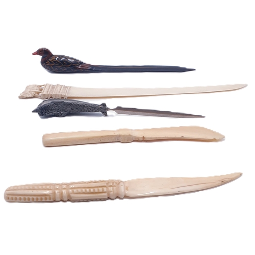 217 - PAPER KNIVES (5) To Include CARVED BONE EXAMPLES (3) , ONE WOOD AND THE OTHER A PEWTER DOLPHIN