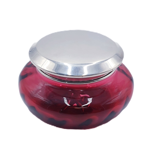 220 - SILVER LIDDED (Hallmarked For Birmingham 1921) 6cm x 5cm RUBY CUT GLASS BOWL (Silver Weight 28 Grams... 