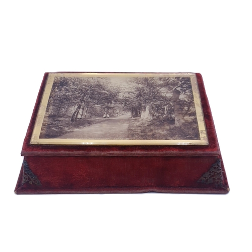 221 - VICTORIAN VELVET BOUND TRINKET 20.5cm x 16cm BOX With GLASS PHOTOGRAPH LID And METAL CORNERS