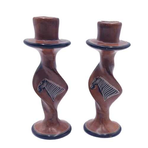 674 - SOAPSTONE 15cm CANDLESTICKS 