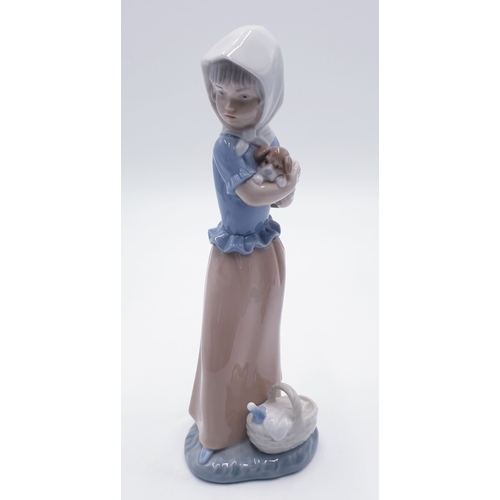 701 - LLADRO (Nao) Large 21.5cm CHARACTER FIGURINE OF A YOUNG GIRL HOLDING A PUPPY IN HER ARMS With BASKET... 