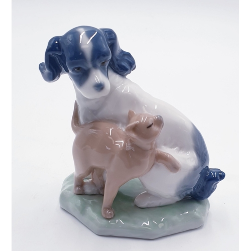 741 - LLADRO (Nao) PORCELAIN 11cm x 11cm MODEL OF A DOG And CAT 