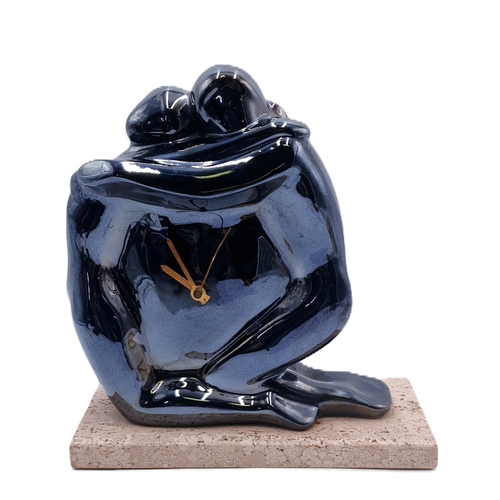 745 - CERAMIC Extra Large 27cm x 26cm MANTLE CLOCK FASHIONED AS TWO LOVERS (Found To Be Working When Photo... 