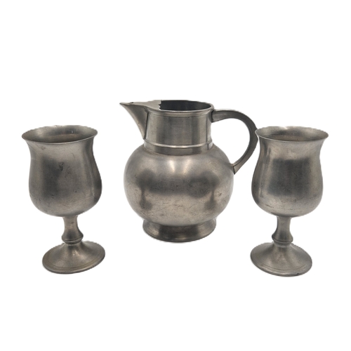 73 - AQUINA & LOCKE PEWTER JUG Plus GOBLETS (2)