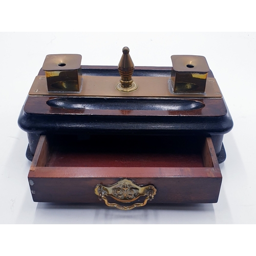 91 - WOODEN & BRASS PEN TRAY With DRAWER