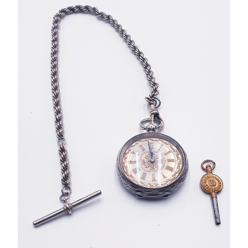 590 - SILVER (938) CASED POCKET WATCH (Found To Be Working When Photographed) Plus CHAIN And KEY