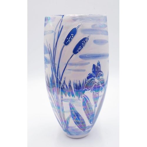 412 - ANITA HARRIS ART POTTERY Extra Large 28cm BLUE/WHITE LUSTRE WARE TRIANGULAR VASE IN THE DRAGONFLY/RE... 