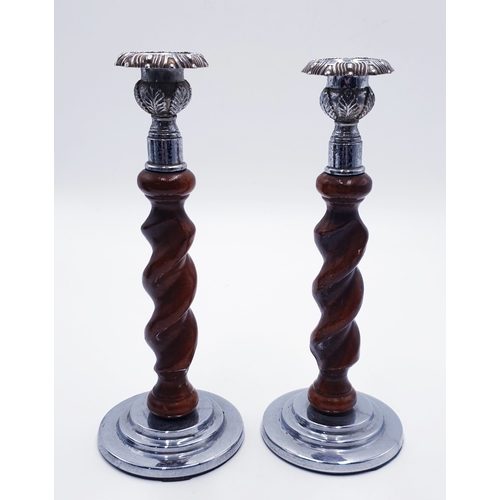 609 - WOODEN BARLEY TWIST 25.5 cm CANDLESTICKS (2) c1930s