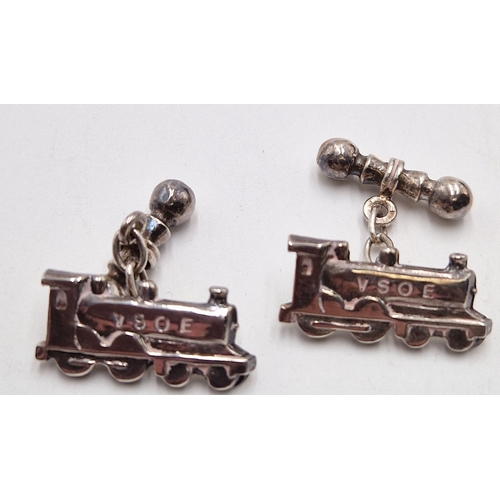 64 - SILVER (Hallmarked) TRAIN ENGINE CUFFLINKS (Boxed)