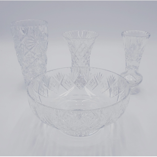 105 - CRYSTAL/GLASS Large 20.5 cm Dia BOWL Plus VASES (3) (The Tallest Being 18cm)