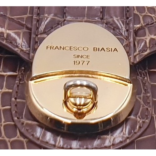 FRANCESCO BIASIA CROCODILE EMBOSSED BROWN LEATHER HANDBAG With GOLD TONE LOCK. Manufacturer and bra