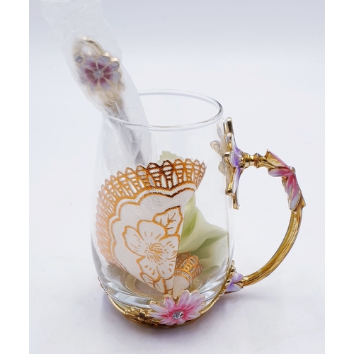 762 - GLASS / ENAMEL FLOWER CUP,SPOON And MAT