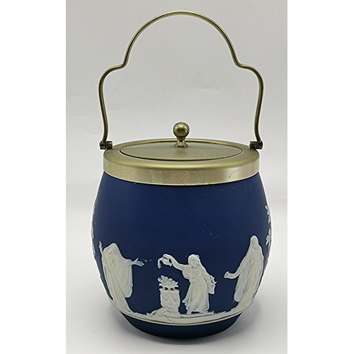 29 - ADAMS DARK BLUE JASPER WARE BISCUIT BARREL