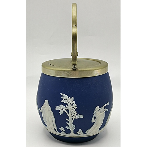 29 - ADAMS DARK BLUE JASPER WARE BISCUIT BARREL