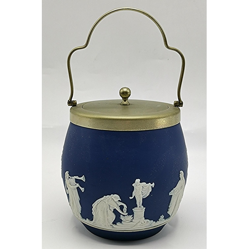 29 - ADAMS DARK BLUE JASPER WARE BISCUIT BARREL