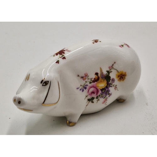 65 - ROYAL CROWN DERBY CHINA PAPERWEIGHT FASHIONED AS A PIG IN THE DERBY POSIES DESIGN (Silver Stopper)