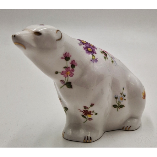 66 - ROYAL CROWN DERBY CHINA PAPERWEIGHT FASHIONED AS A POLAR BEAR IN THE DERBY POSIES DESIGN (Silver Sto... 