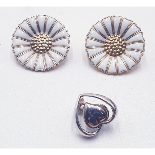 112 - SILVER /GILT (Fully Hallmarked) Large CLIP ON DAISY EARRINGS (Pair) By Makers Georg Jenson (Denmark)... 