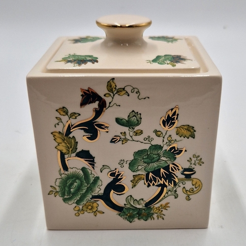 579 - MASON'S IRONSTONE 11cm x 10.5cm SQUARE LIDDED POT IN THE CHARTREUSE DESIGN (Rare)