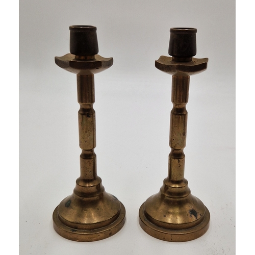 626 - BRASS 17cm ENGINE TURNED CANDLESTICKS (Pair)