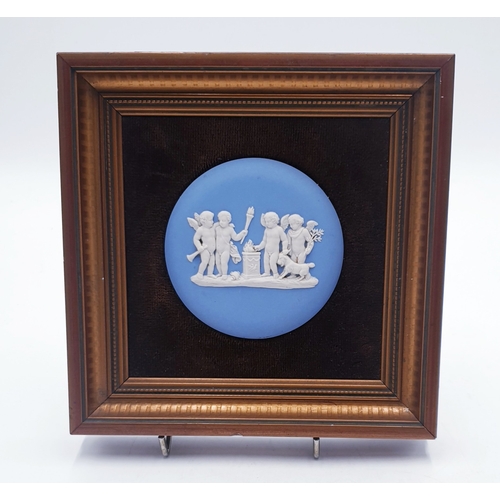 705 - FRAMED 18cm x 18cm WEDGWOOD JASPER WARE CAMEO PICTURE/PLAQUE FEATURING CHERUBS And GOAT